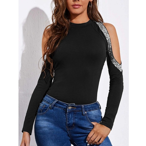 Silver Sequins Detail Cold Shoulder Black Long Sleeve Tee Shirt - Picture 2 of 8